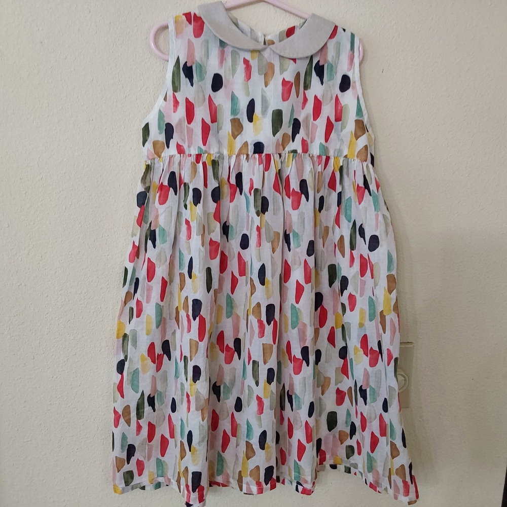 Dotti White Sleeveless Dress with Multicolor Spot Print and Peter Pan Collar